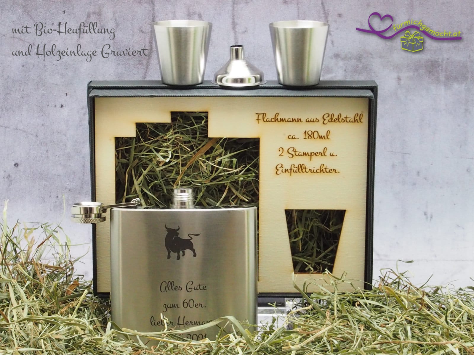 Flachmann aus Edelstahl mit Stamperl inkl. 1x Wunschgravur