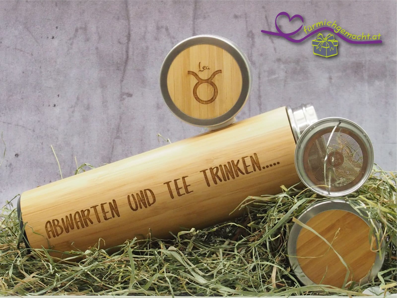 Isolierflasche (Thermoskanne) aus Bambus und Edelstahl inkl. 2x Wunschgravur