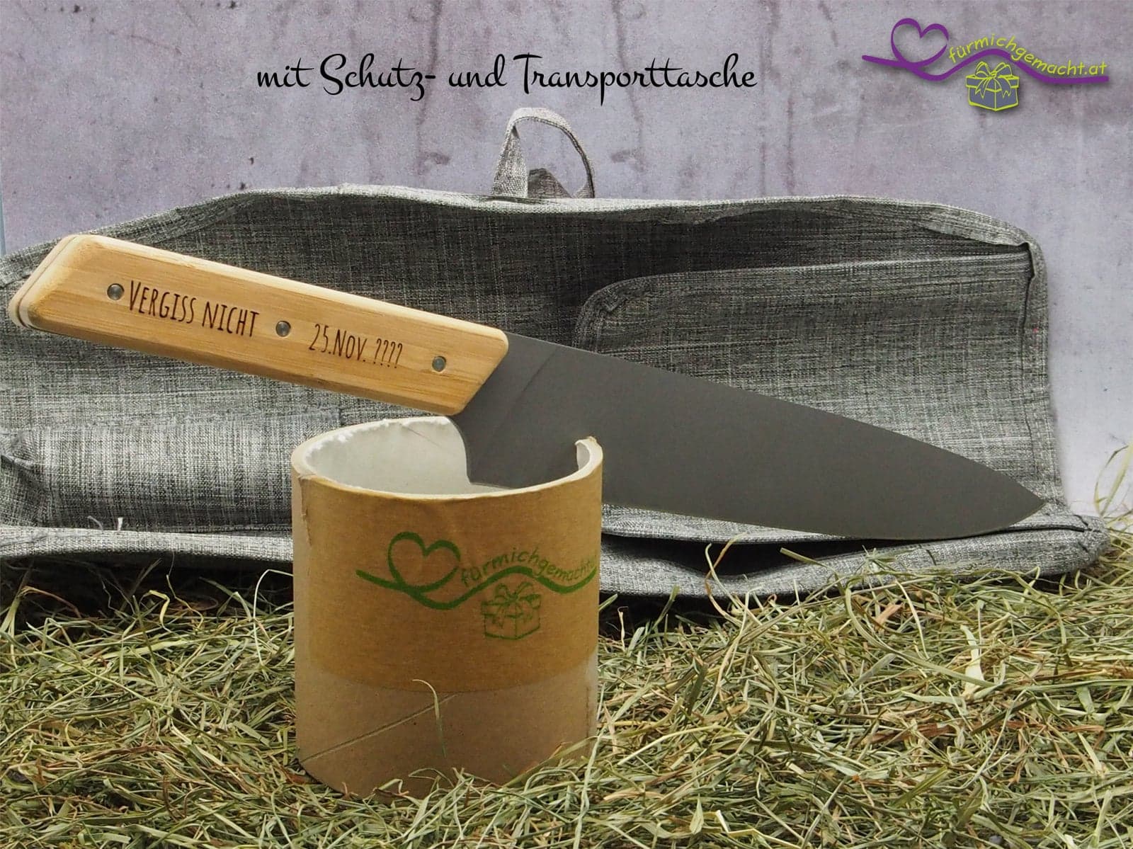 Küchenmesser mit Edelstahlklinge und Bambusgriff inkl. 2x Wunschgravur