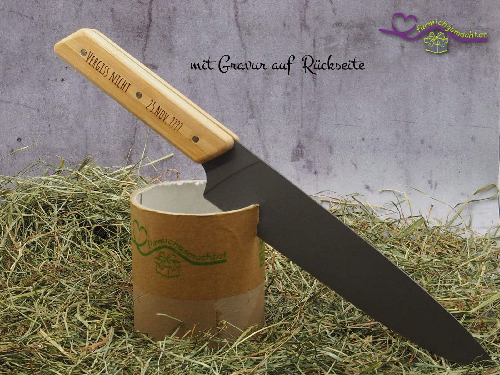 Küchenmesser mit Edelstahlklinge und Bambusgriff inkl. 2x Wunschgravur