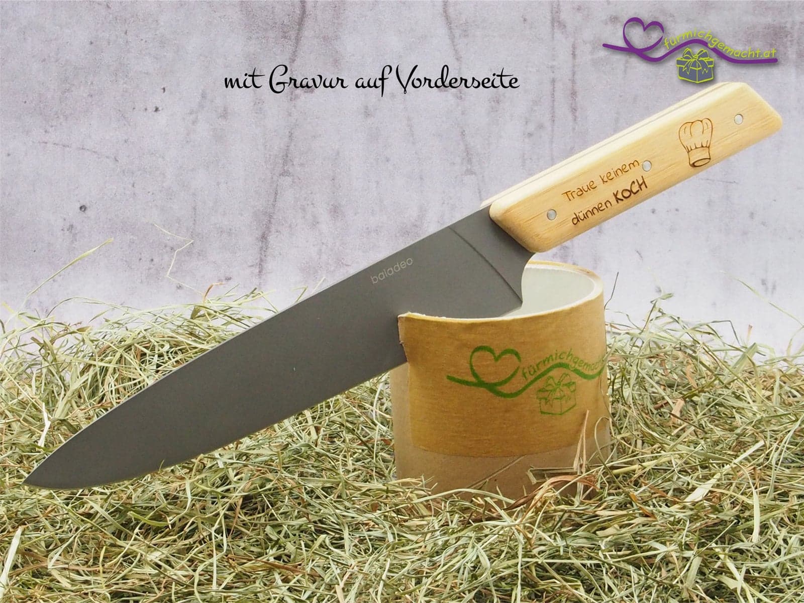 Küchenmesser mit Edelstahlklinge und Bambusgriff inkl. 2x Wunschgravur